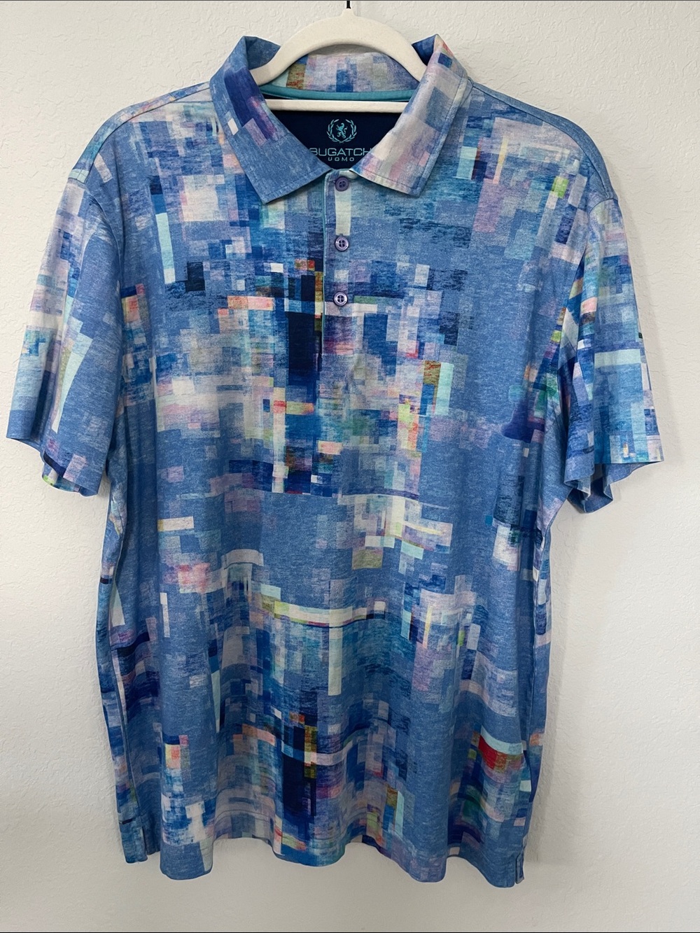 Bugatchi Uomo Blue Abstract Print Mercerized Cotton Polo Shirt Men’s L